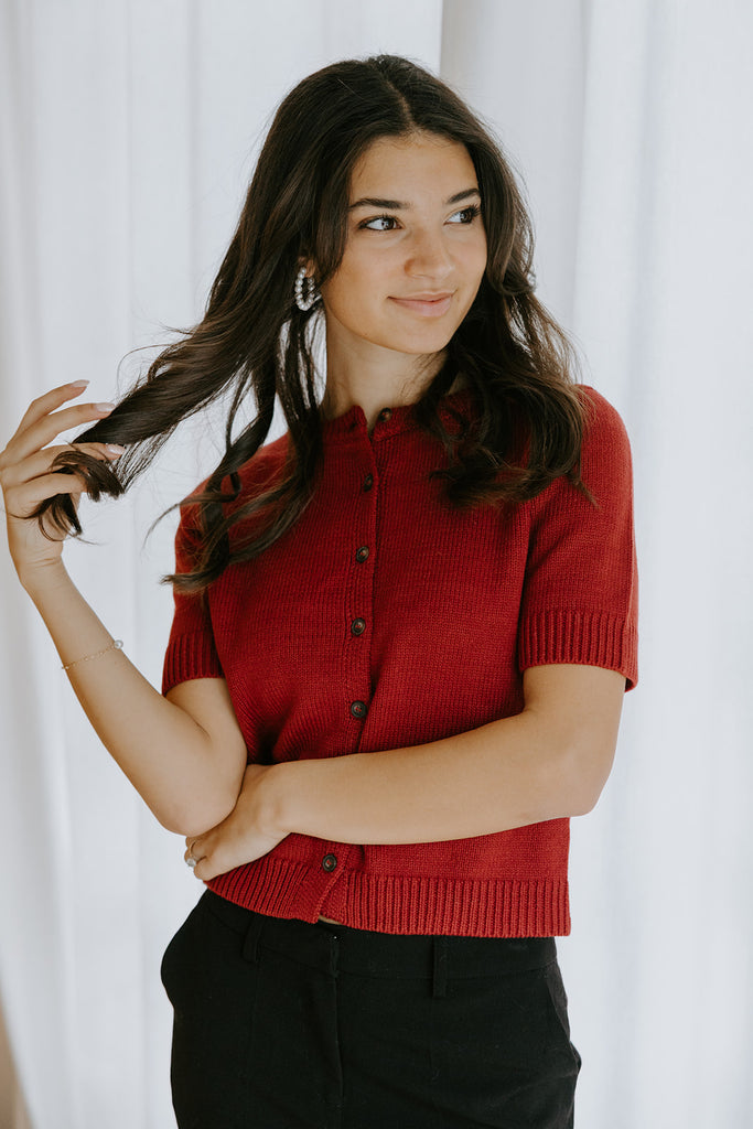 Short Sleeve Knit Cardigan - Wine