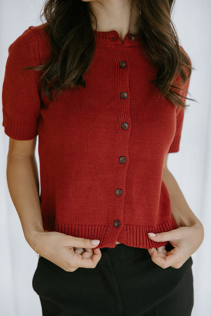 Short Sleeve Knit Cardigan - Wine