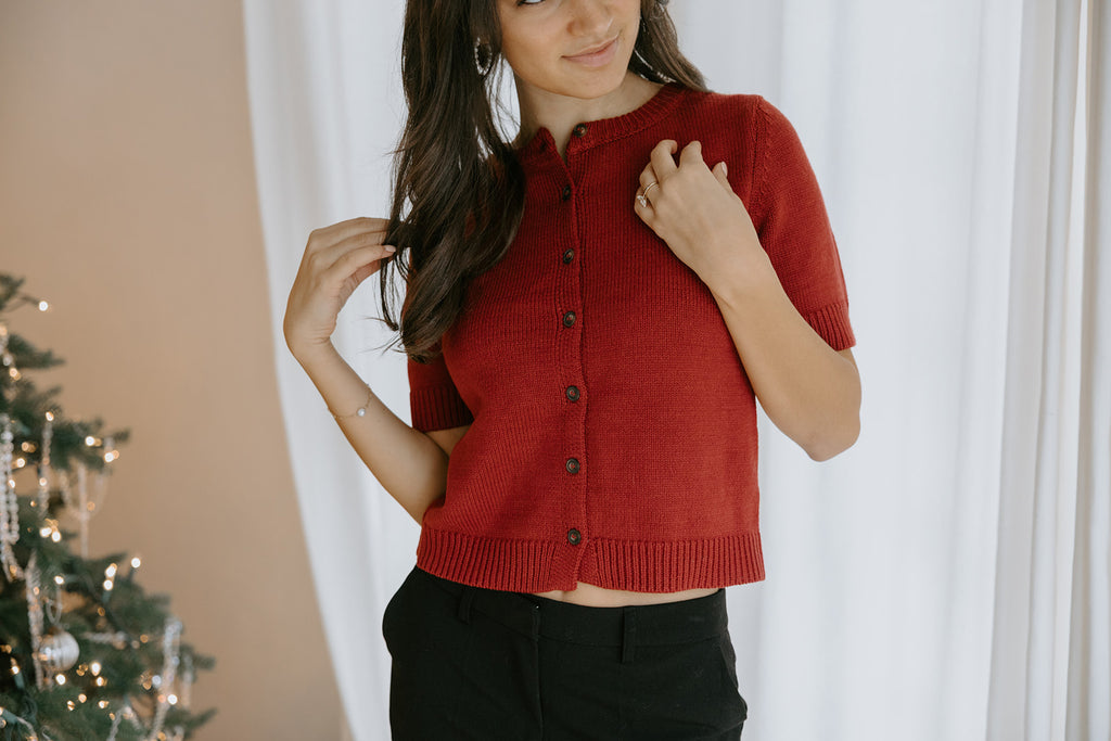 Short Sleeve Knit Cardigan - Wine