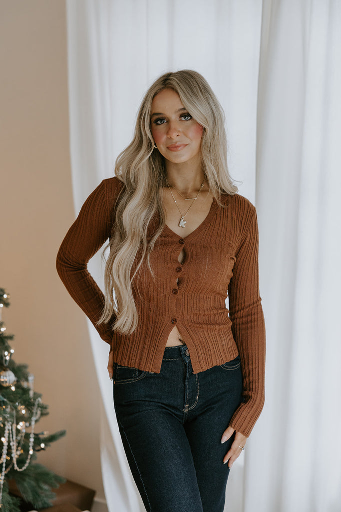Lightweight Collared Button Knit - Chestnut