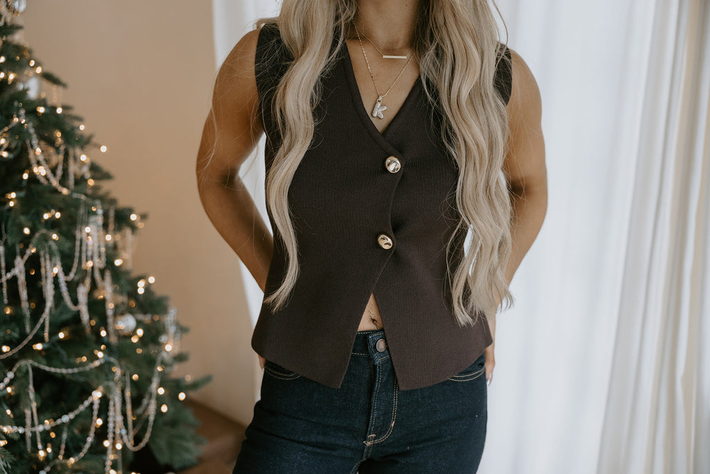 Gold Button Knit Vest - Brown