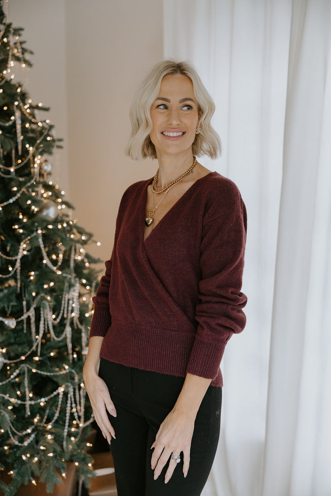 Faux Wrap Sweater - Dark Cherry