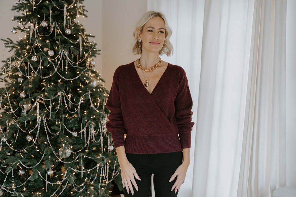 Faux Wrap Sweater - Dark Cherry