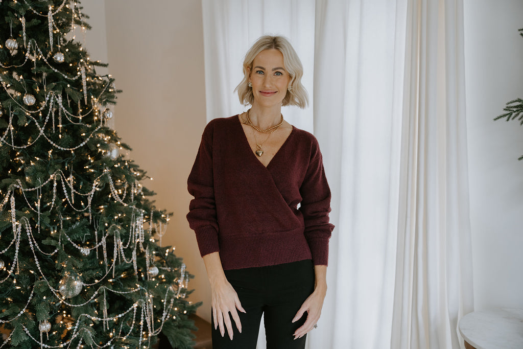 Faux Wrap Sweater - Dark Cherry