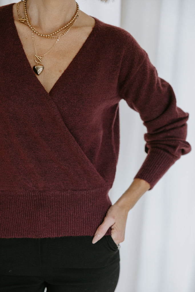 Faux Wrap Sweater - Dark Cherry