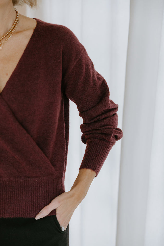Faux Wrap Sweater - Dark Cherry