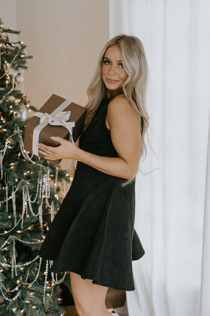 Faux Suede Fit And Flare Dress - Black