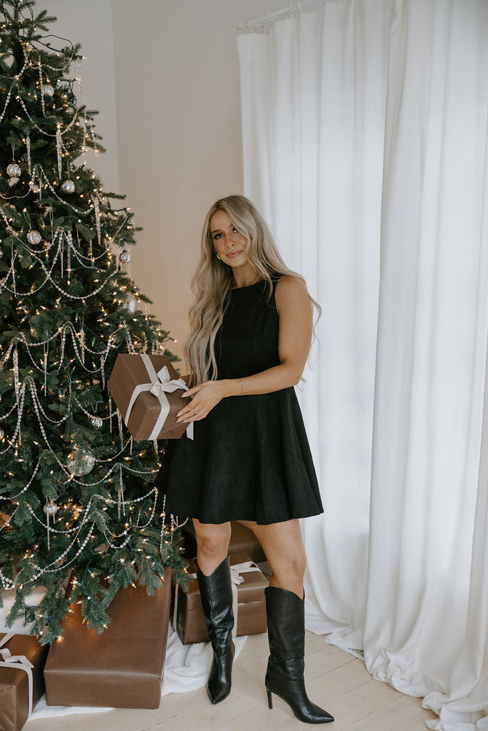 Faux Suede Fit And Flare Dress - Black