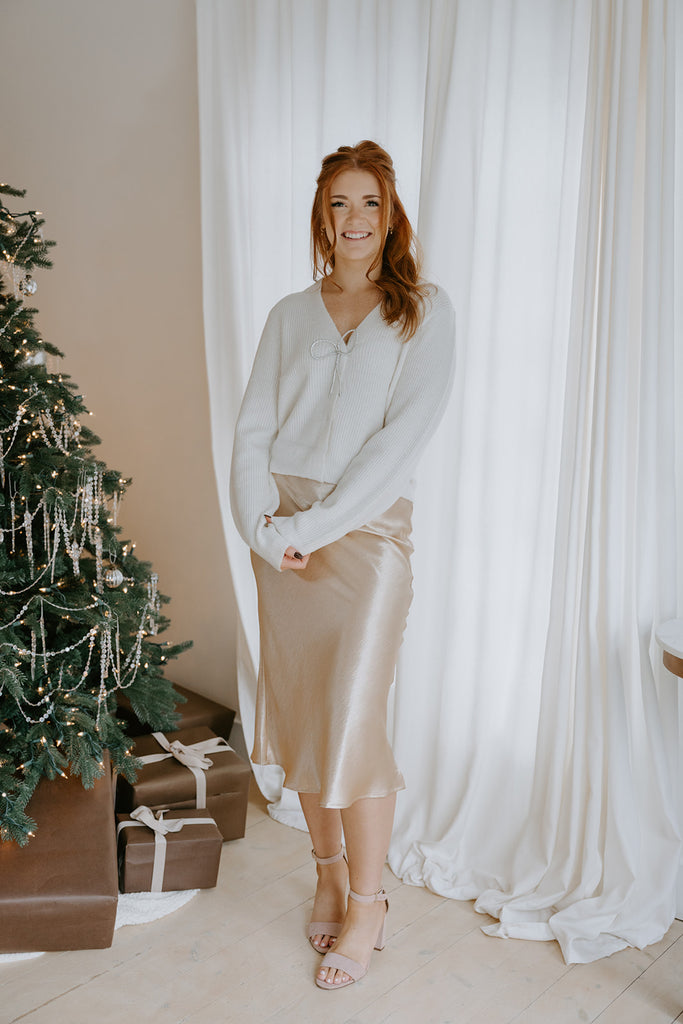 Satin Midi Skirt with Elastic - Taupe