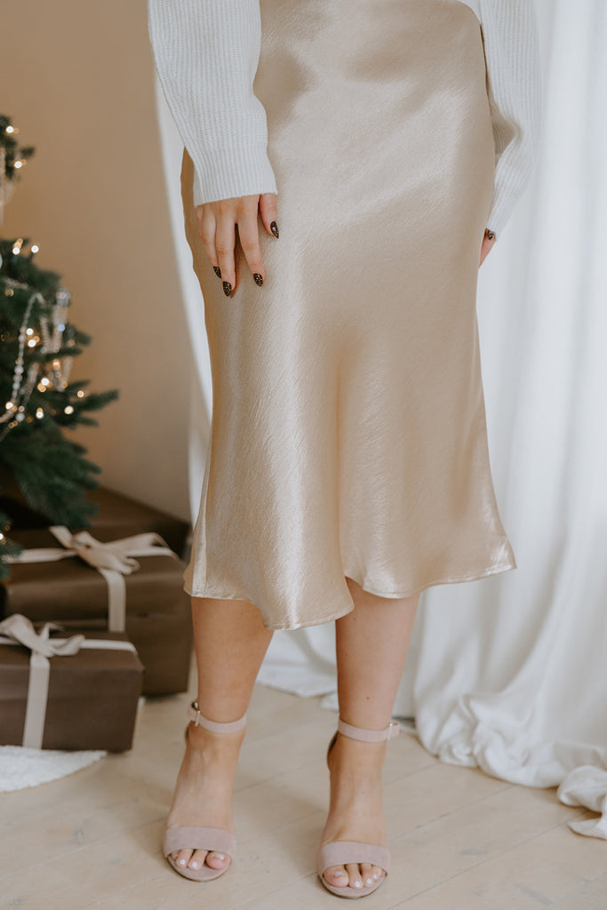 Satin Midi Skirt with Elastic - Taupe