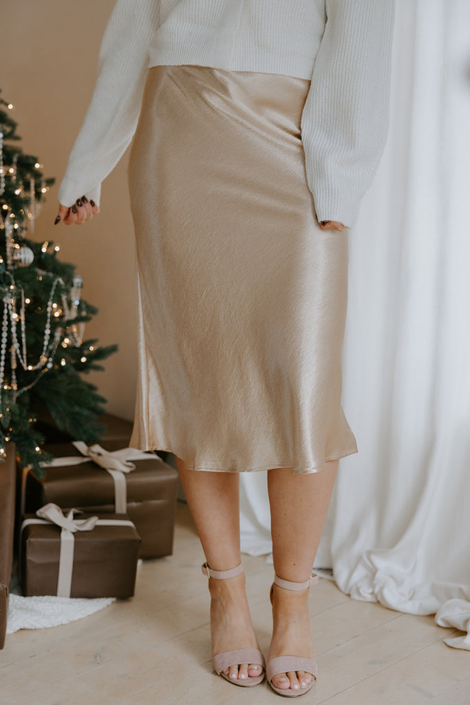 Satin Midi Skirt with Elastic - Taupe