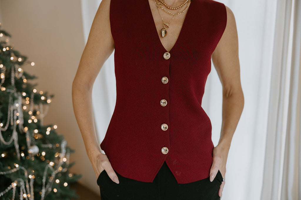 Sleeveless Knit Vest With Gold Buttons - Merlot