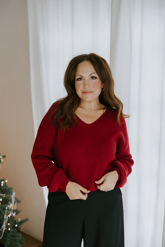 Back Bow V-Neck Sweater - Burgundy