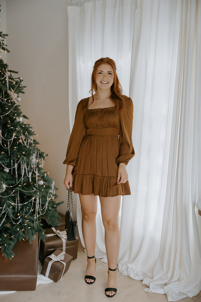 Square Neck Dress With Smocking - Copper