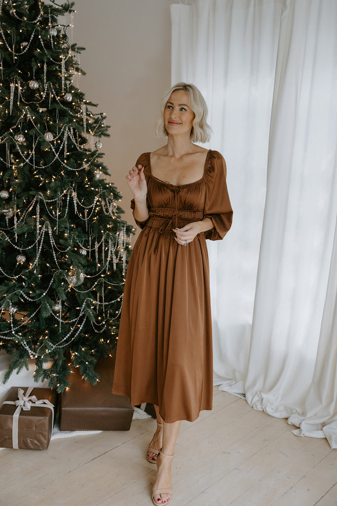 Satin Midi Dress With Bow Details - Brown