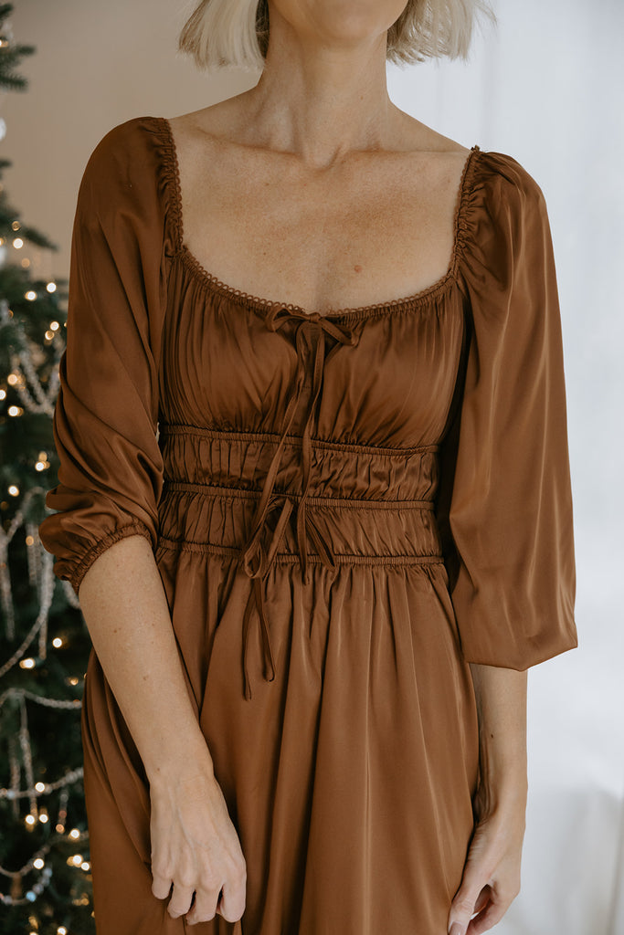 Satin Midi Dress With Bow Details - Brown