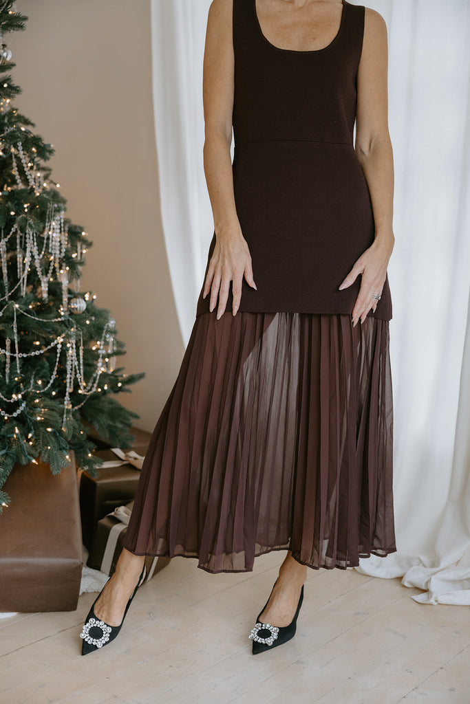 Knit Dress With Pleated Skirt Detail - Brown