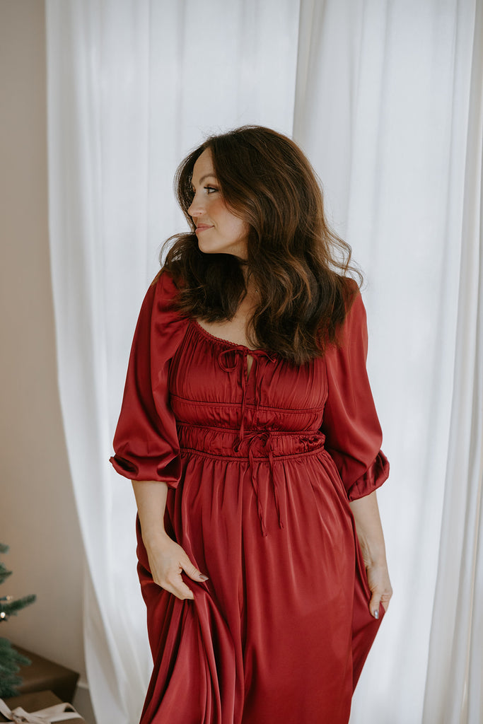 Satin Midi Dress with Bow Details - Wine