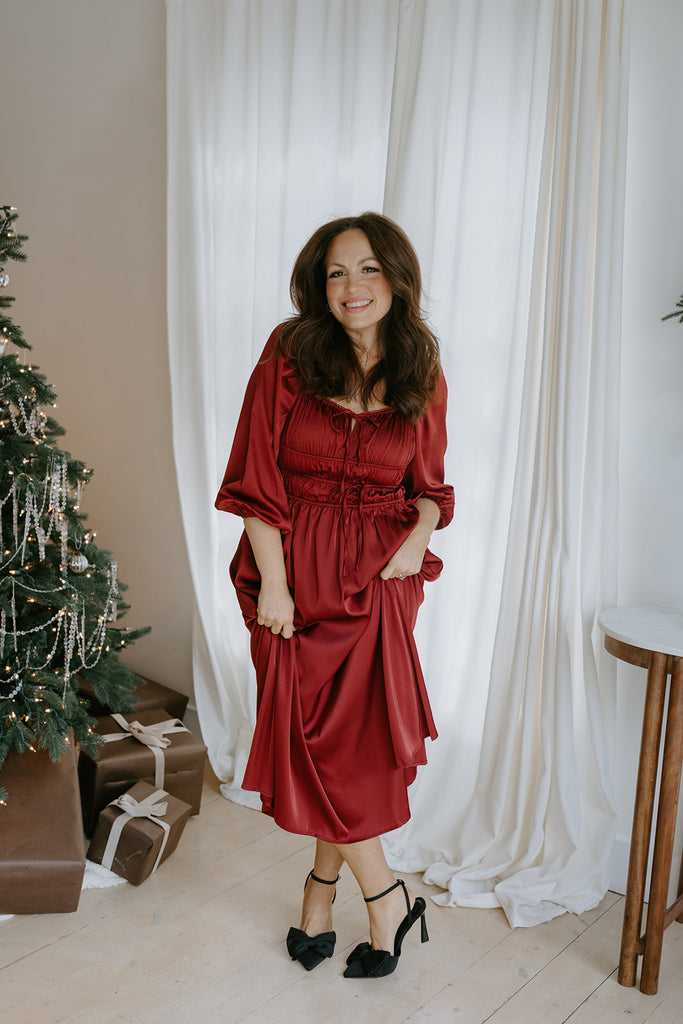 Satin Midi Dress with Bow Details - Wine