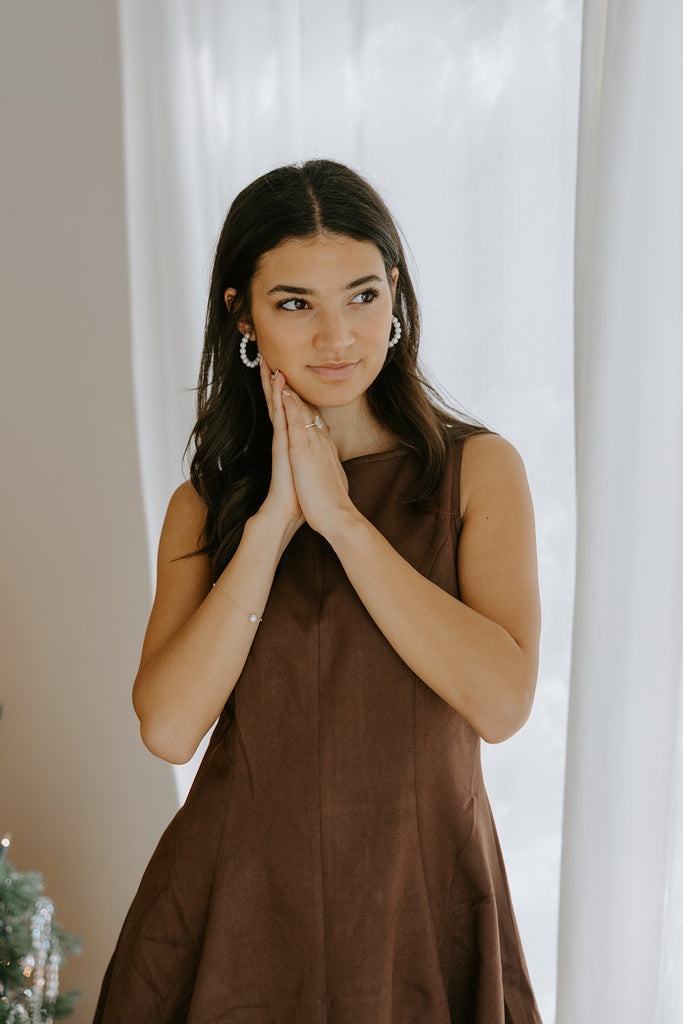 Faux Suede Fit And Flare Dress - Cognac