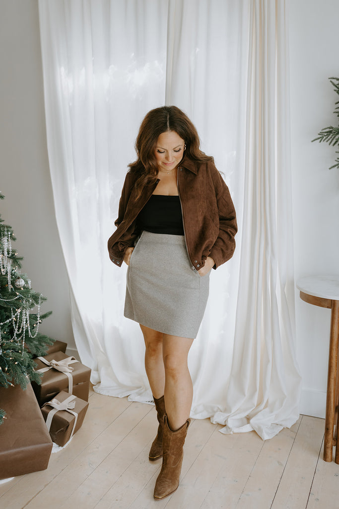 Faux Suede Bomber Jacket - Chocolate