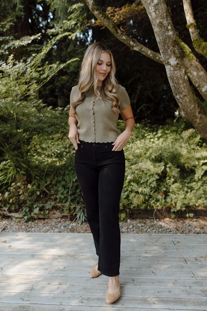 Scalloped Short Sleeve Cardigan - Olive