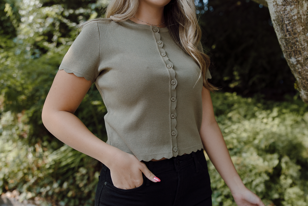 Scalloped Short Sleeve Cardigan - Olive