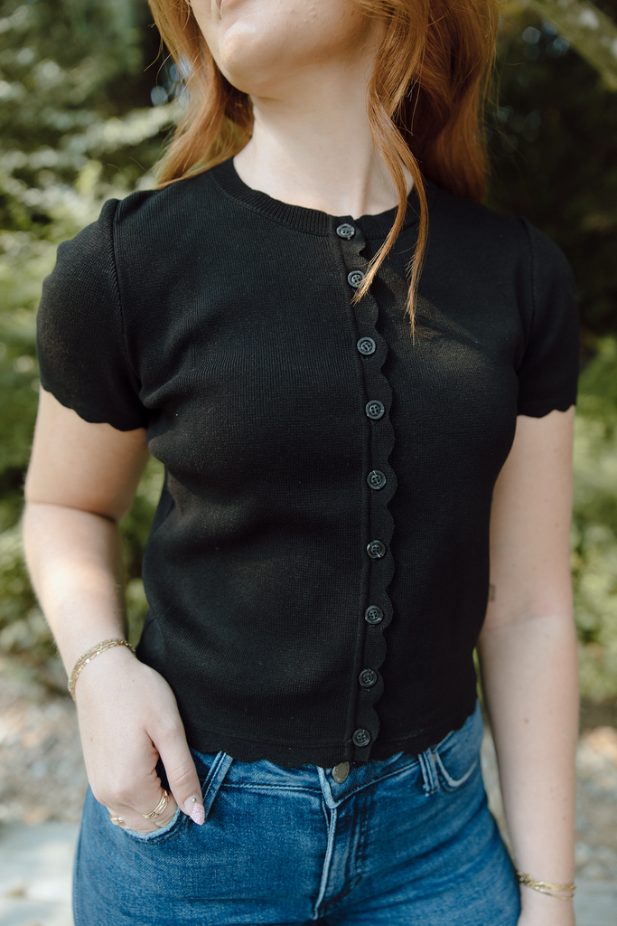 Scalloped Short Sleeve Cardigan - Black
