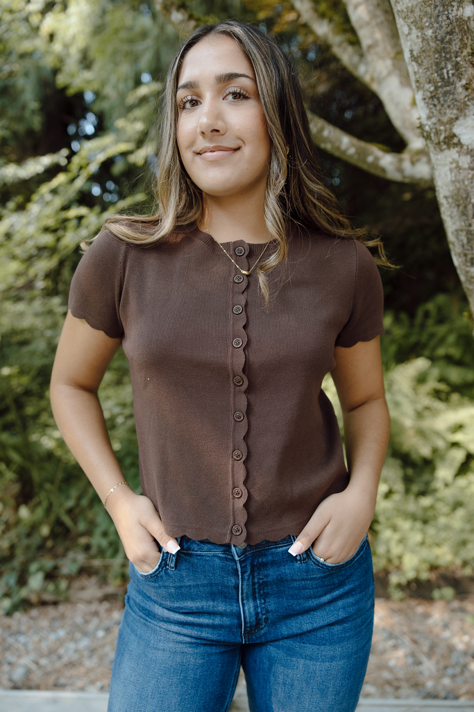 Scalloped Short Sleeve Cardi - Brown