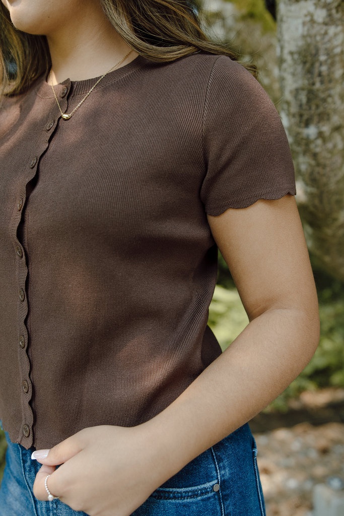 Scalloped Short Sleeve Cardi - Brown