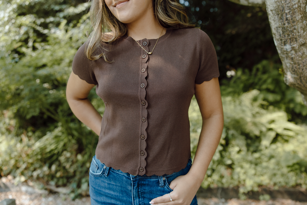 Scalloped Short Sleeve Cardi - Brown