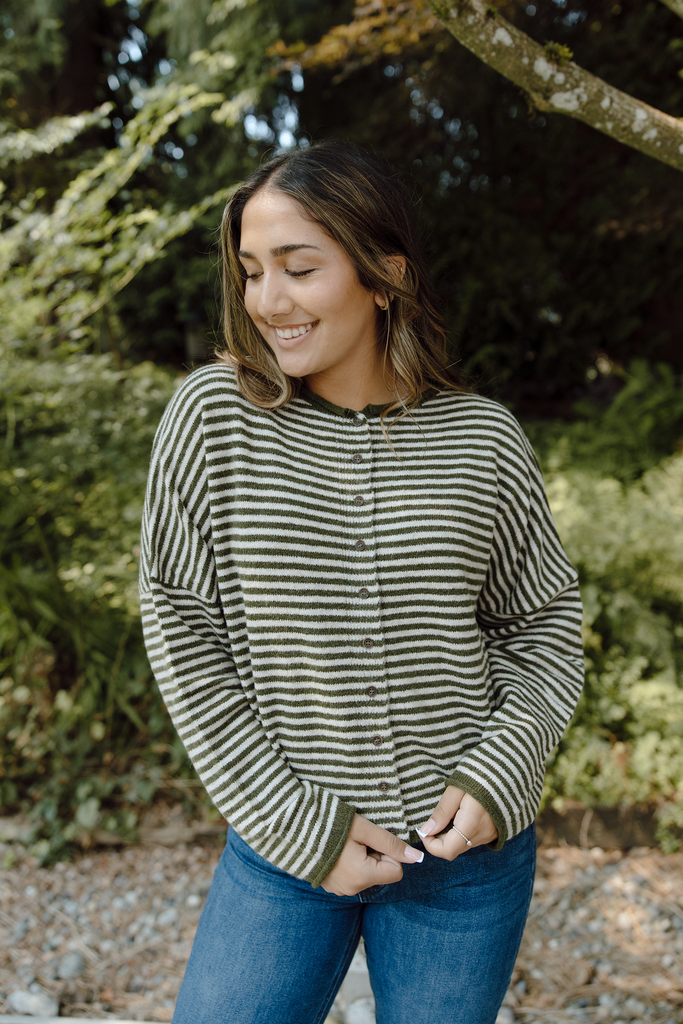 Stripe Raw Edge Button Up Cardigan - Olive