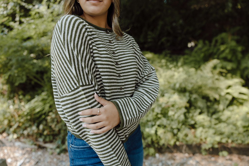 Stripe Raw Edge Button Up Cardigan - Olive