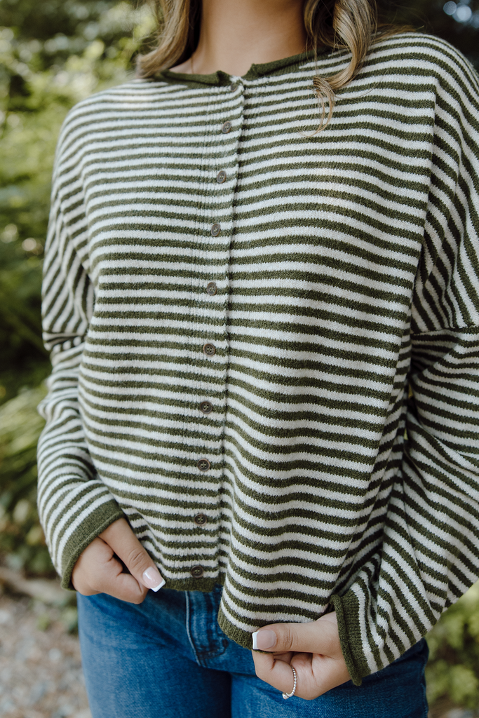 Stripe Raw Edge Button Up Cardigan - Olive