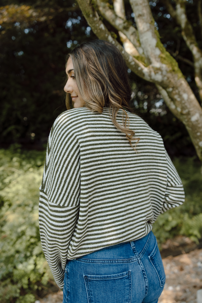 Stripe Raw Edge Button Up Cardigan - Olive