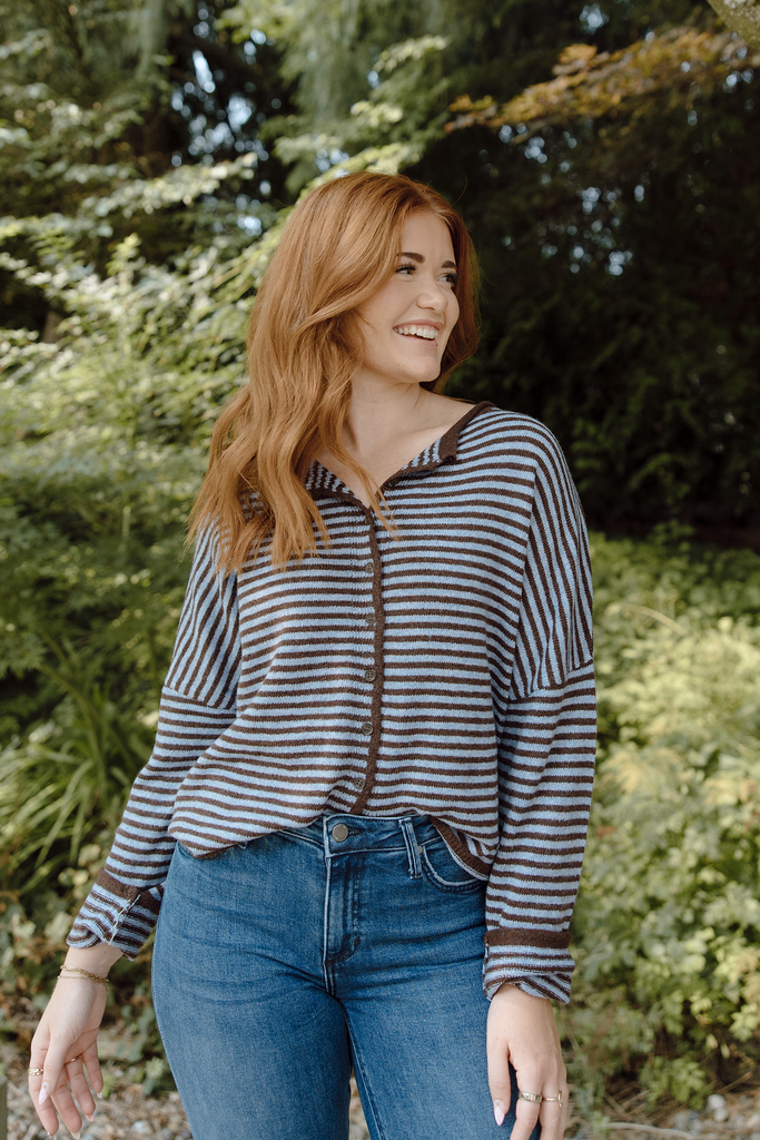 Stripe Raw Edge Button Up Cardigan - Brown/Blue