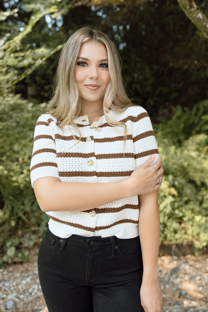 Striped Knit Short Sleeve Cardi - Mocha