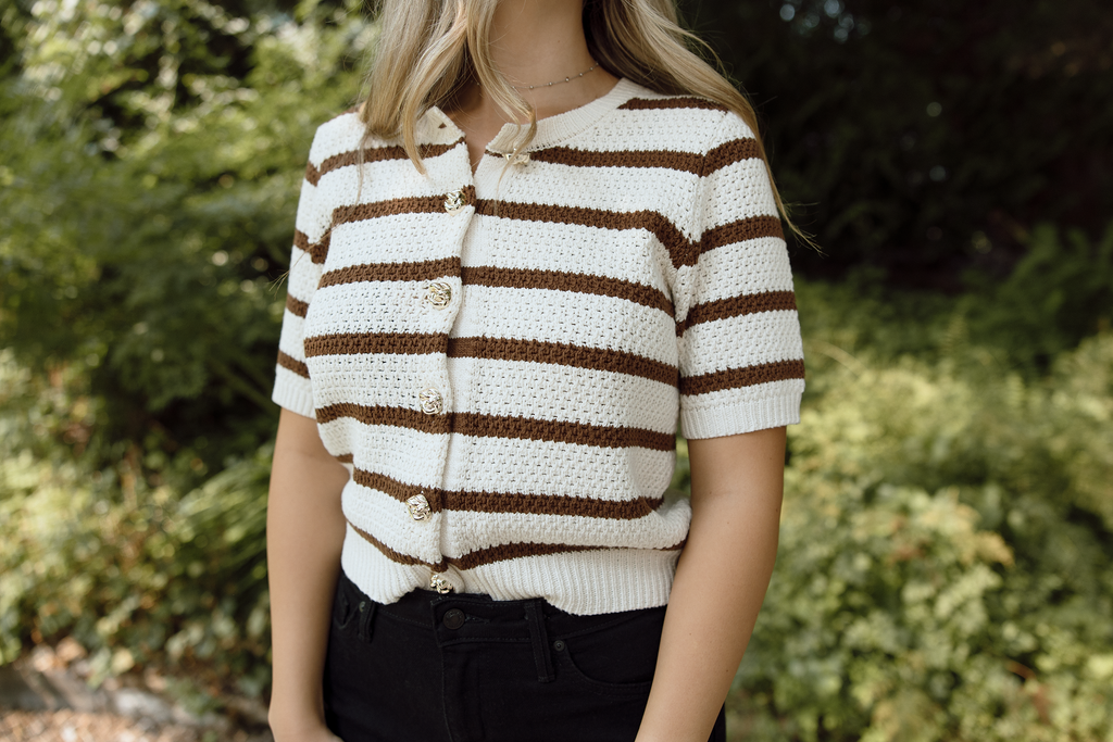 Striped Knit Short Sleeve Cardi - Mocha