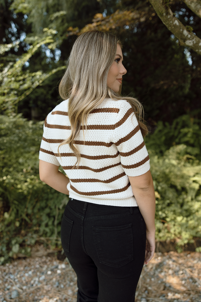 Striped Knit Short Sleeve Cardi - Mocha