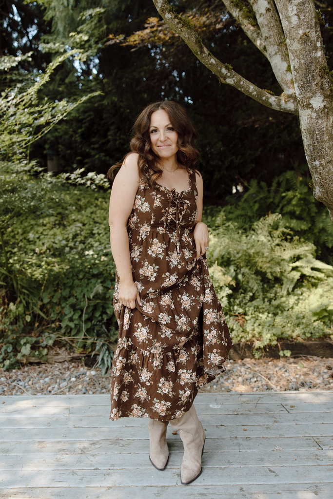 Floral Midi Dress with Front Ties - Brown