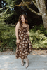 Floral Midi Dress with Front Ties - Brown
