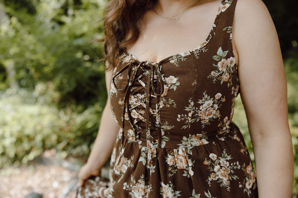 Floral Midi Dress with Front Ties - Brown