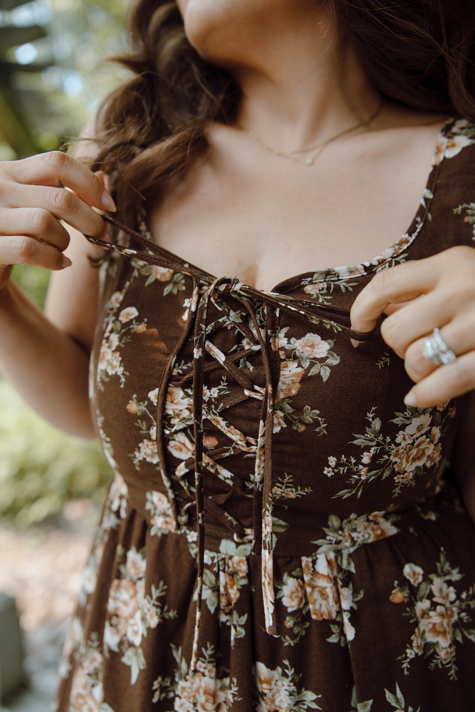 Floral Midi Dress with Front Ties - Brown