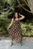 Floral Midi Dress with Front Ties - Brown
