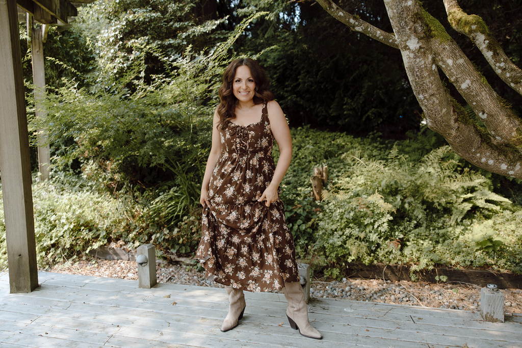 Floral Midi Dress with Front Ties - Brown