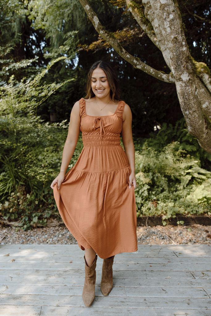 Satin Front Tie Shirred Waist Midi - Rust
