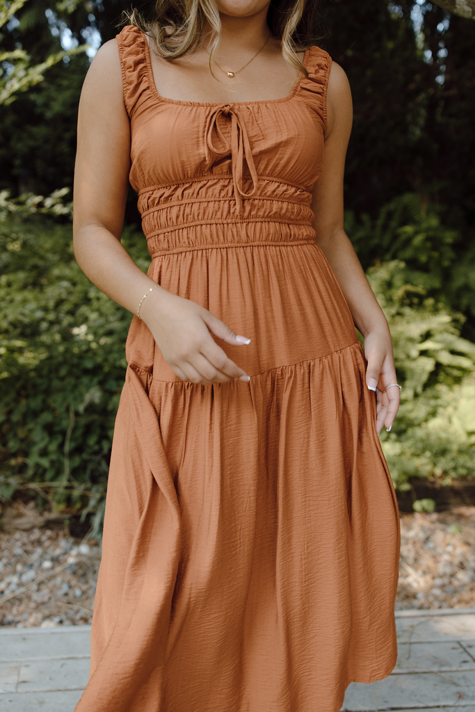 Satin Front Tie Shirred Waist Midi - Rust