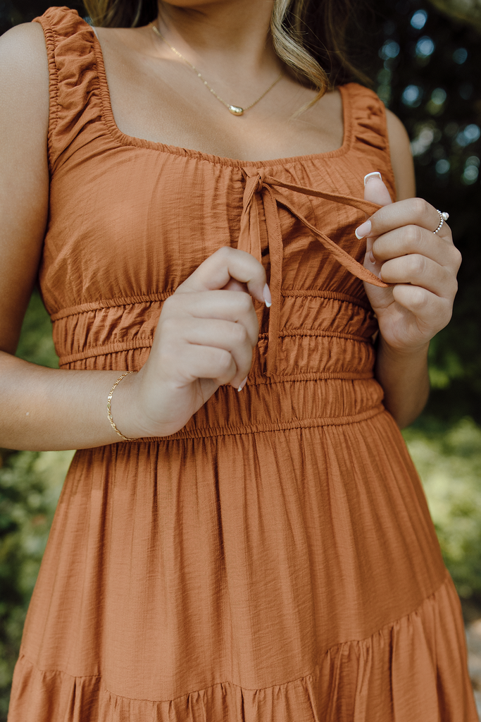 Satin Front Tie Shirred Waist Midi - Rust