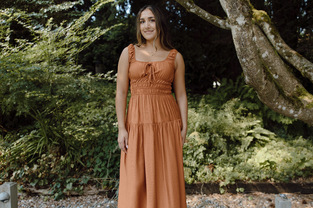 Satin Front Tie Shirred Waist Midi - Rust