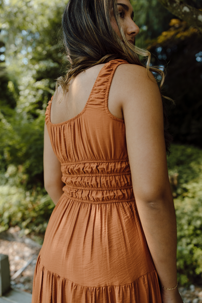 Satin Front Tie Shirred Waist Midi - Rust